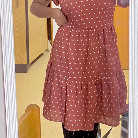 Polka Dotted Flare Pleated Fall Dress with Puffed Sleeves - Picture 5 of 5